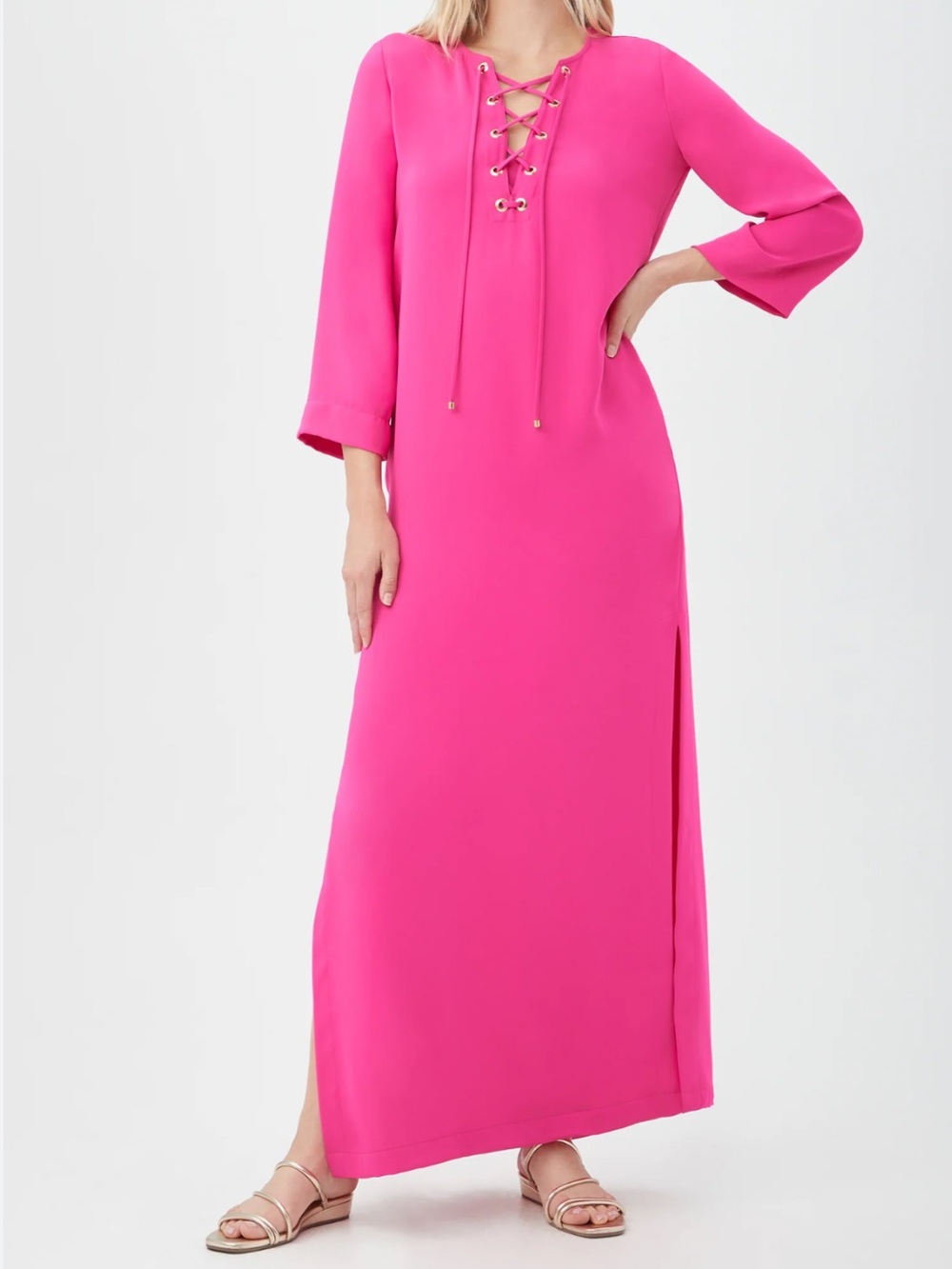 Trina Turk Catamaran Lace-Up Georgette Maxi Dress Coverup Boat Beach Pink Large